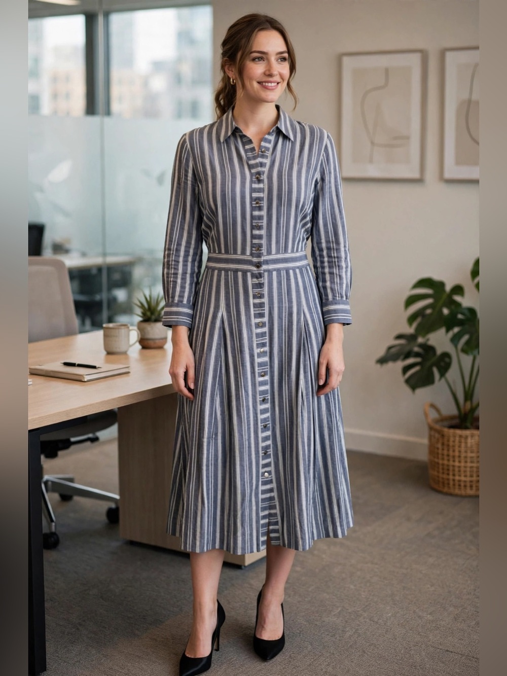 IVANKA TRUMP Blue & White Striped Shirt Dress w/Silver Button Front 10 NWT $138